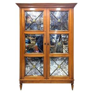 1940s Cabinet With Bronze Crossbar Decor And Eglomise Glass  