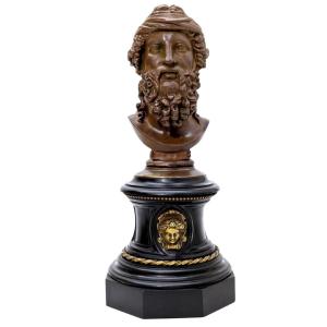 "antique Bronze Figure Head On Black Marble Base, 19th Century  