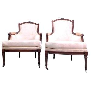 Pair Of Louis XVI Style Bergeres In Mahogany Velvet Reupholstered Late 19th Century 