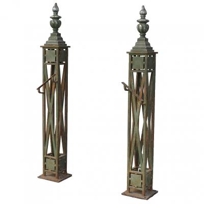 Pair Of Foot Of Ramp Nineteenth Staircase Wrought Iron And Bronze