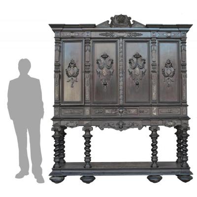 Important Cabinet Bois Noirci Style Renaissance Colonnes XIXème