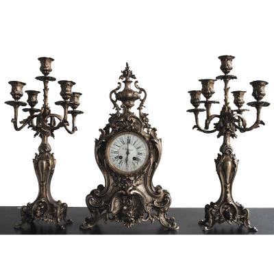 Pendule Garniture Rocaille En Bronze Argenté Style Louis XV