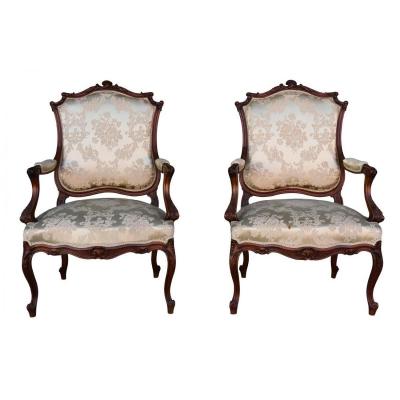 Pair Of Louis XV Style Armchair In Walnut Covered With Silk