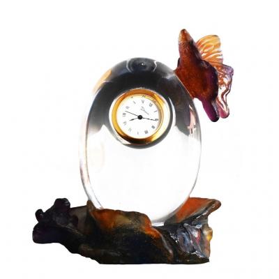 Petite Horloge De Table En Cristal De Daum Grenouille Et Papillon