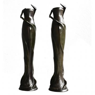 Pair Of 1900s Art Nouveau Green Patinated Vases Signed Anton Nelson