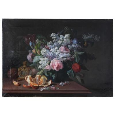 Nature Morte Aux Lilas Et Mandarine Par Pierre  Camille Gontier époque XIXème