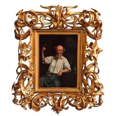 Portrait Of A Man Toasting Signed T Bérengier 1880 In A Very Beautiful Openwork Frame In Golden Wood