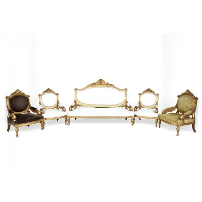 Salon In Golden Wood Louis XVI Style Napoleon III Period Sofa And 4 Armchairs