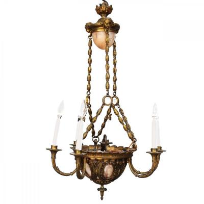 Chandelier In Gilt Bronze, Cut Crystal And Alabaster Cups By Lelièvre Fonte Susse