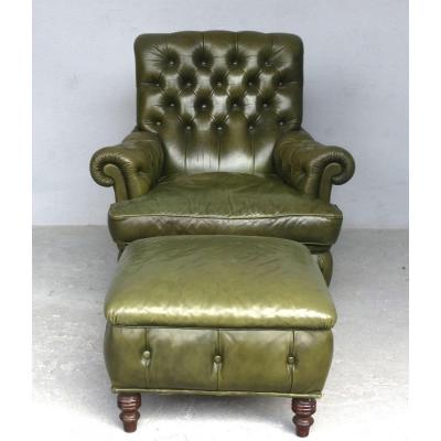 Fauteuil Cuir Chesterfield Olive Et Pouf 