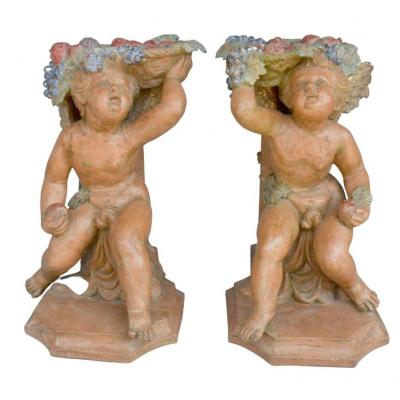 Pair Of Bacchus Babies In Polychrome Terracotta
