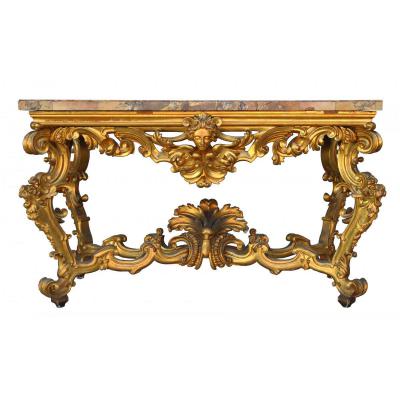 Great Console Rocaille Golden Wood Marble Roman Eighteenth