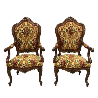 Pair Of Carved Walnut Armchair Louis XV Style Late Nineteenth