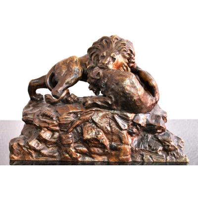Bronze Animalier XIXème Non Signé Aux Lions