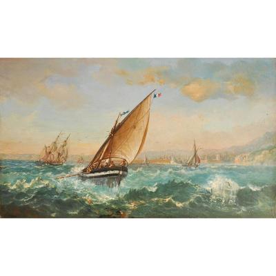 Boat And Marine Crew In Oil Late XIXth Monogram Ab