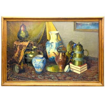 Large Oil On Canvas Still Life Signed In Collard