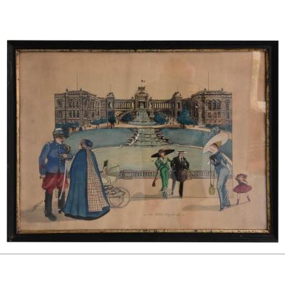 Le Palais Longchamps Dessin Aquarelle Signé A. Goliard Daté 1911