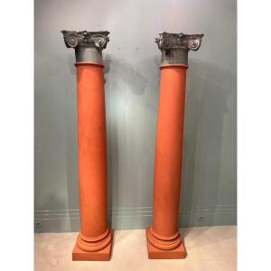 Pair Of Large Columns In Stained Beech