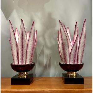 Pair Of Agaves In Porcelain Forming Lamps