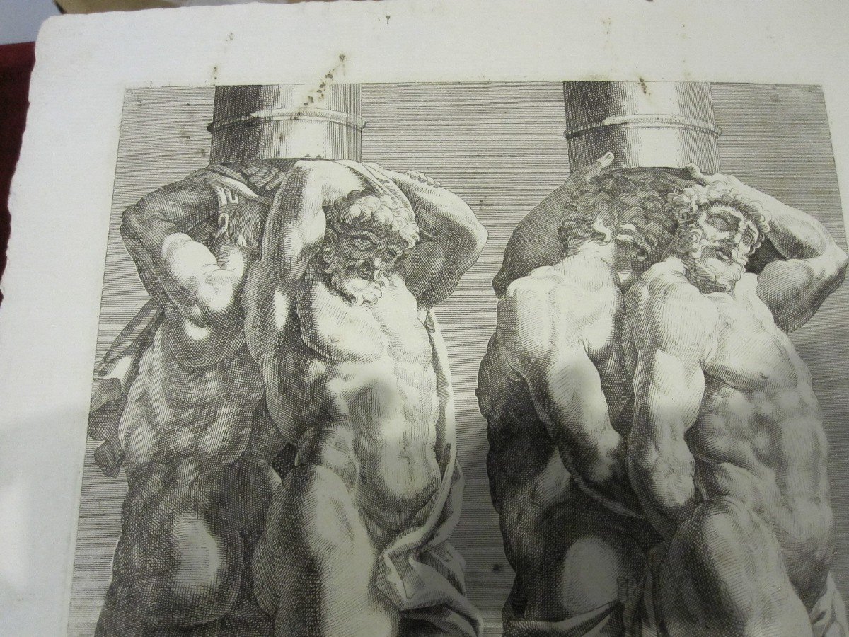 Caryatids: Pair Of Large Engravings Of The S. XVII Drawings By Guido Reni And Ludovico Caracci-photo-4