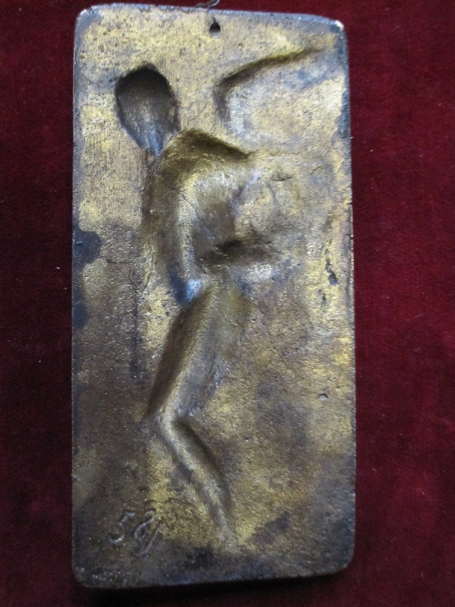 Plaquette En Bronze Du XVIIIe Siècle. Ange Avec Trompette. 10,5 X 5,2 Centimètres-photo-2