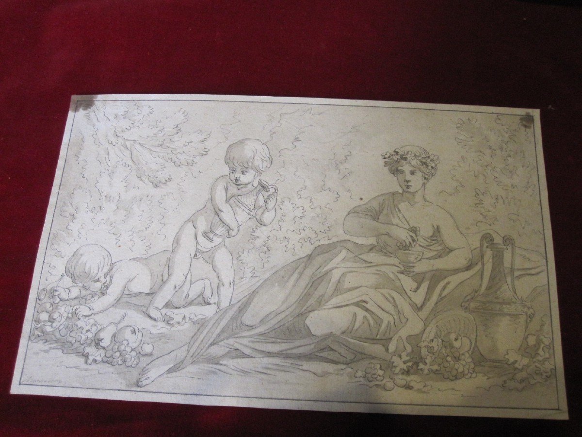 Allegory Of Abundance. Beautiful Drawing In Ink And Lavis Signed Johan Edvard Mandelberg.-photo-1