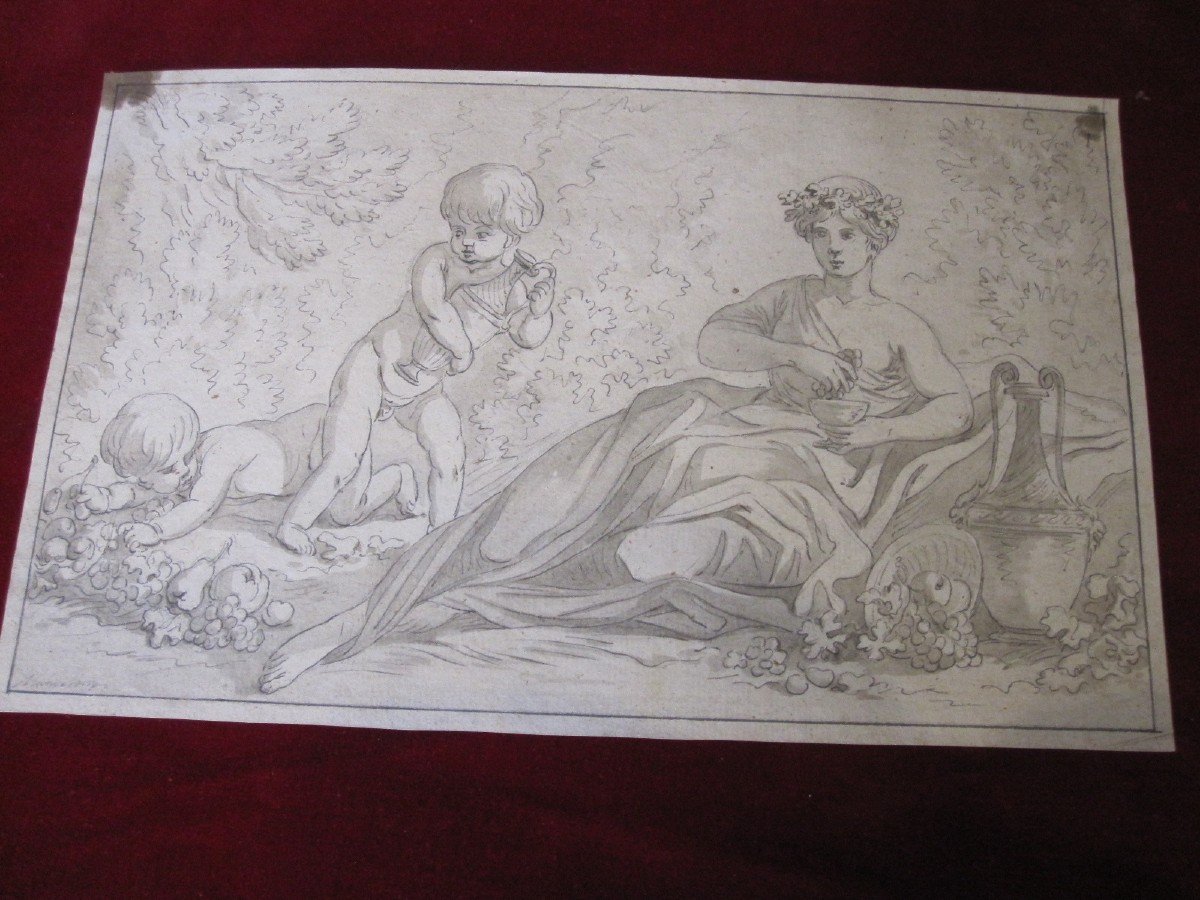 Allegory Of Abundance. Beautiful Drawing In Ink And Lavis Signed Johan Edvard Mandelberg.