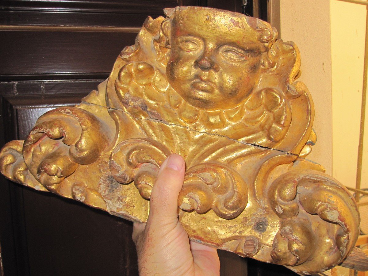 Console Baroque à Tête d'Ange Sculptée Et Dorée. Fragment De Retable Du XVIIe Siècle-photo-2