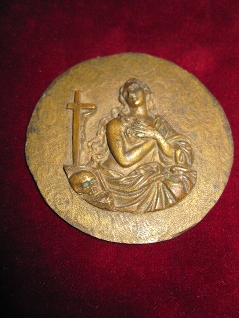 Maria Magdalena : Plaquette Circulaire En Bronze Du Siècle. 17e Ou 18e-photo-2