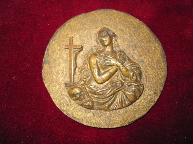 Maria Magdalena : Plaquette Circulaire En Bronze Du Siècle. 17e Ou 18e