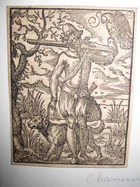 Small Xylographic Engraving: Hunter With Falcon Dog And Arquebuse. 16th Century-photo-2