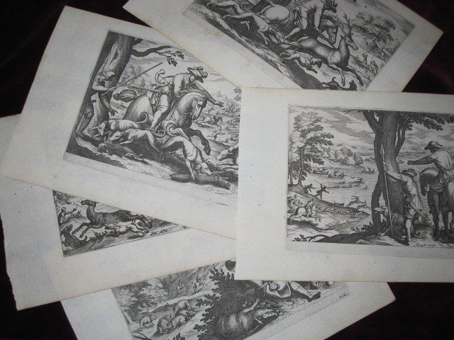 Scènes De Chasse 5 Gravures De Matias Merian Sur Les Dessins d'Antonio Tempesta. XVIIe Siècle-photo-7