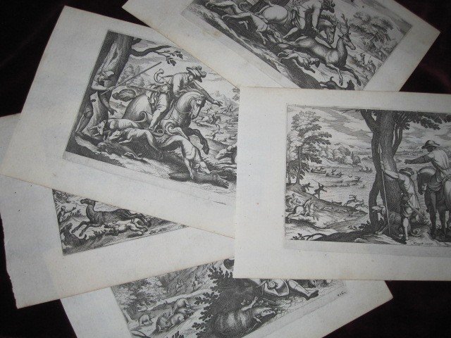Scènes De Chasse 5 Gravures De Matias Merian Sur Les Dessins d'Antonio Tempesta. XVIIe Siècle