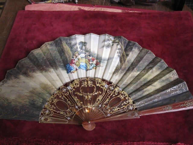 Romantic Style Fan, With 18th Century Scene, In Faux Tortoiseshell-photo-3