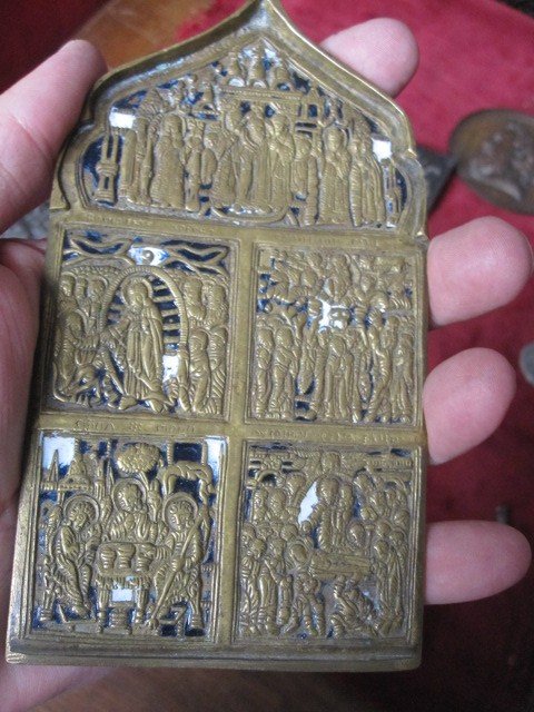 Icône De Voyage Orthodoxe En Bronze émaillé. Russie XVIIIe Ou XIXe Siècle-photo-1