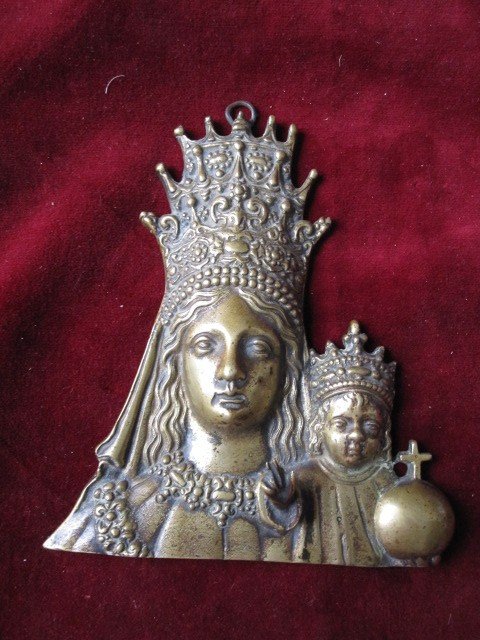 Virgin In Triple Crown With The Child Jesus. Plate In Bronze Mixtilinea And High Relieve-photo-4