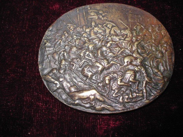 Battle Scene. Oval Plaque In Bronze S. XVII. Probably German Or Flemish Work-photo-2