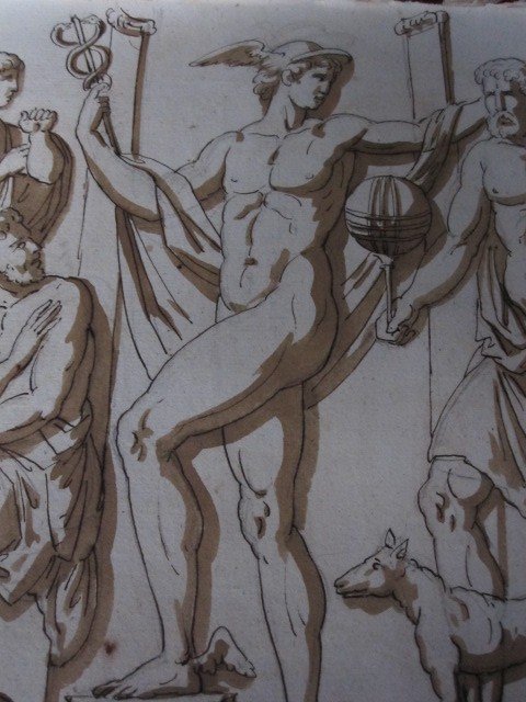 Mythological Scene. Ink And Wash Drawing Attributed To: Jean Guillaume Moitte.1746-1810-photo-3