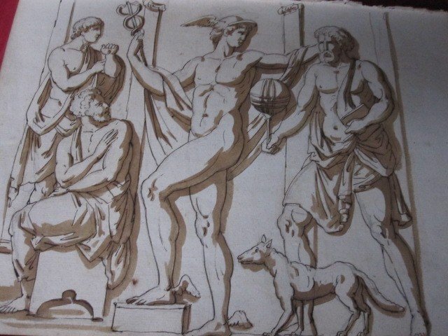 Mythological Scene. Ink And Wash Drawing Attributed To: Jean Guillaume Moitte.1746-1810-photo-4