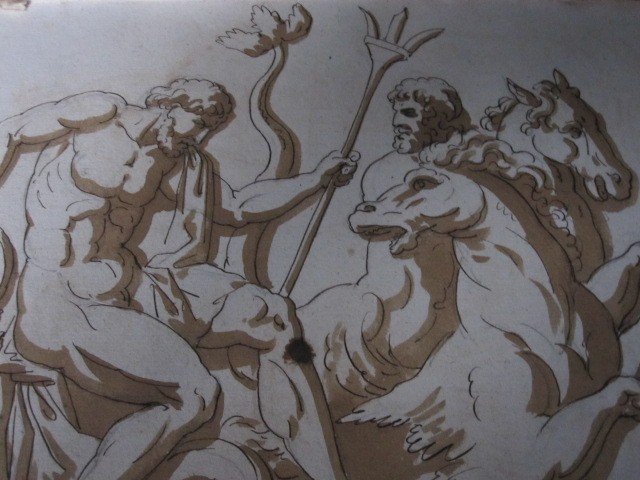 Neptune Et Son Char. Dessin à l'Encre Et Au Lavis Attribué à : Jean Guillaume Moitte.1746-1810.-photo-2