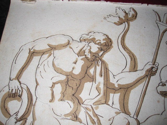 Neptune Et Son Char. Dessin à l'Encre Et Au Lavis Attribué à : Jean Guillaume Moitte.1746-1810.-photo-4