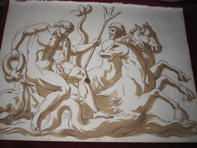 Neptune Et Son Char. Dessin à l'Encre Et Au Lavis Attribué à : Jean Guillaume Moitte.1746-1810.-photo-1