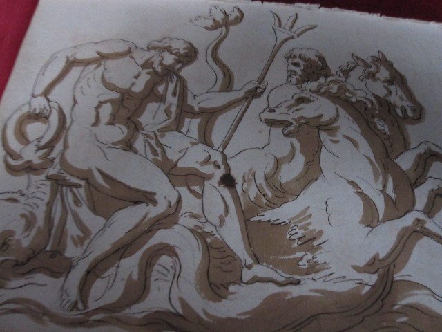 Neptune Et Son Char. Dessin à l'Encre Et Au Lavis Attribué à : Jean Guillaume Moitte.1746-1810.-photo-6