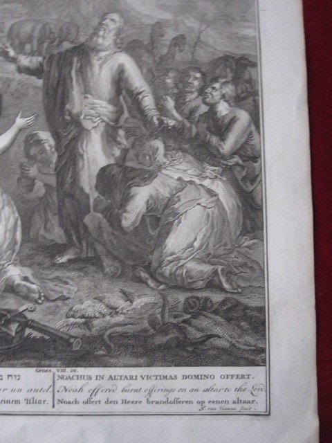 Sacrifice De Noé Après Le Débarquement De l'Arche. Gravure Sur Cuivre. Signé : J. Van Vianen-photo-1