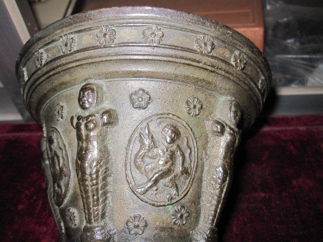 Mortar From Puy-en Velay. 17th Century With Hercules Drowning The Serpent In Medallions