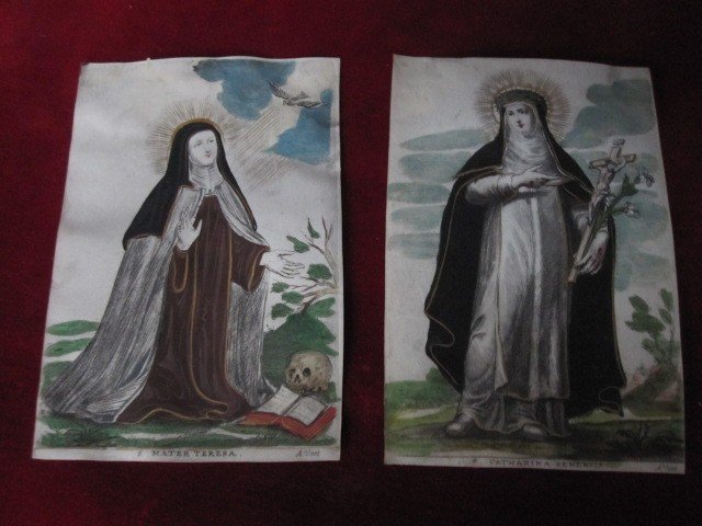 Saint Teresa Of Avila And Saint Catherine Of Siena. Pair Of Prints Engraved On Parchment.-photo-2