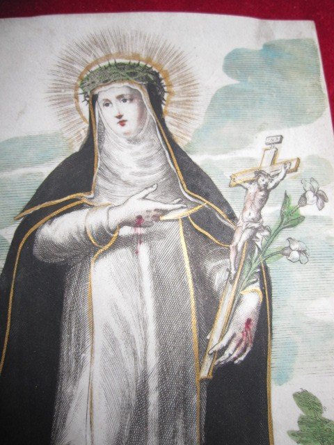 Saint Teresa Of Avila And Saint Catherine Of Siena. Pair Of Prints Engraved On Parchment.-photo-1