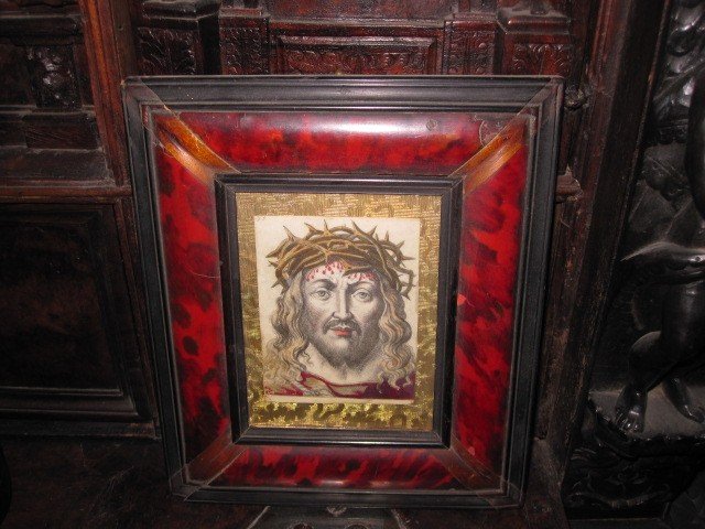 Holy Face Flemish Engraving On Parchment From The First Third Of The 17th Century. Carey Frame-photo-3