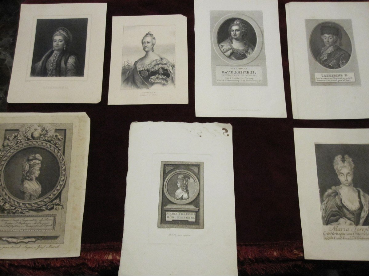 7 Engravings From The 18th And 19th Century. Portraits Of Catherine The Great Of Russia And Maria Teresa 