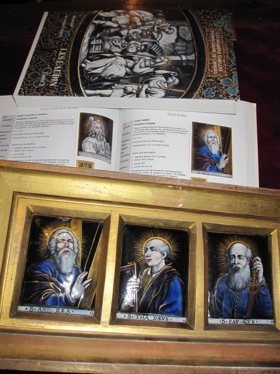 Jacques I Laudin: 3 Limoges Enamels: Saint Andrew, Saint Thaddeus And Saint Paul. 17th Century-photo-1